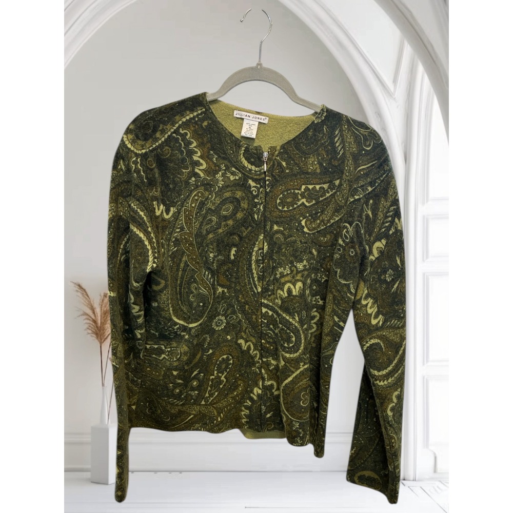 JILLIAN JONES Womens XL Paisley Zip Up Cardigan Sweater 100% Lambs Wool Green